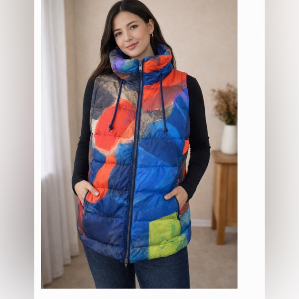 Claire Desjardins sleeveless puffer vest with an abstract, colorful pattern